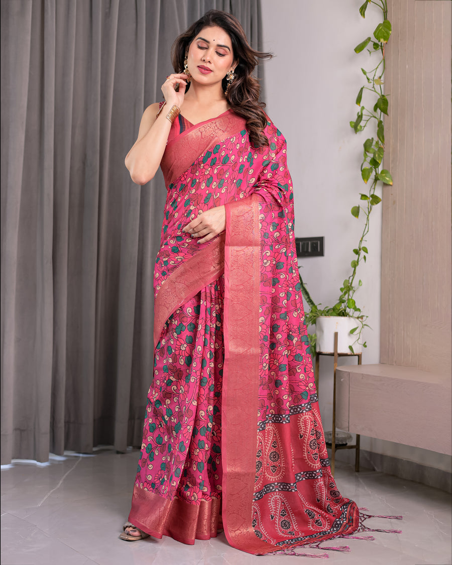 Multicolor Floral Linen Saree for Women | Traditional Indian Festive Wear – Graceful Pallu Edition