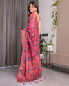 Rani Pink Handloom Linen Saree with Floral Vine Print & Paisley Pallu | Gold Zari Border & Tassel Detailing | Attached Blouse | 5.5m Saree + 0.8m Blouse
