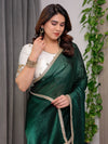 Emerald Bottle Green Fendy Satin Saree with Pearl Lace Border & Tassel Pallu | Premium Shimmer Satin Saree with Heavy Embroidered Designer Blouse | Zari Floral Paisley Embroidery Blouse Festive Saree