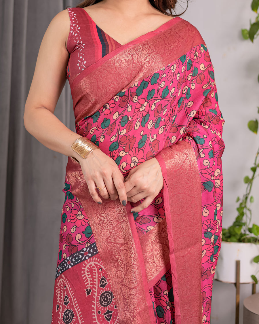 Multicolor Floral Linen Saree for Women | Traditional Indian Festive Wear – Graceful Pallu Edition