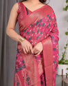 Rani Pink Handloom Linen Saree with Floral Vine Print & Paisley Pallu | Gold Zari Border & Tassel Detailing | Attached Blouse | 5.5m Saree + 0.8m Blouse