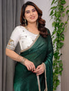 Emerald Bottle Green Fendy Satin Saree with Pearl Lace Border & Tassel Pallu | Premium Shimmer Satin Saree with Heavy Embroidered Designer Blouse | Zari Floral Paisley Embroidery Blouse Festive Saree