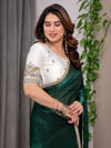 Emerald Bottle Green Fendy Satin Saree with Pearl Lace Border & Tassel Pallu | Premium Shimmer Satin Saree with Heavy Embroidered Designer Blouse | Zari Floral Paisley Embroidery Blouse Festive Saree