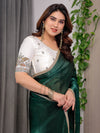 Emerald Bottle Green Fendy Satin Saree with Pearl Lace Border & Tassel Pallu | Premium Shimmer Satin Saree with Heavy Embroidered Designer Blouse | Zari Floral Paisley Embroidery Blouse Festive Saree