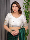Emerald Bottle Green Fendy Satin Saree with Pearl Lace Border & Tassel Pallu | Premium Shimmer Satin Saree with Heavy Embroidered Designer Blouse | Zari Floral Paisley Embroidery Blouse Festive Saree