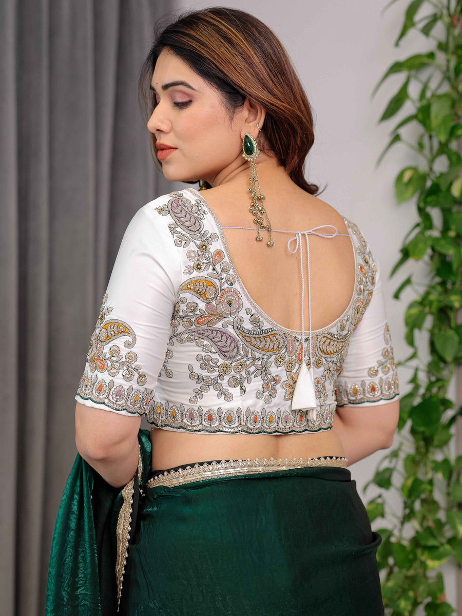Emerald Bottle Green Fendy Satin Saree with Pearl Lace Border & Tassel Pallu | Premium Shimmer Satin Saree with Heavy Embroidered Designer Blouse | Zari Floral Paisley Embroidery Blouse Festive Saree