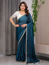 Deep Teal Fendy Satin Designer Saree with Pearl Lace Border & Tassel Pallu | Premium Shimmer Satin Saree with Heavy Floral Embroidered Ivory Blouse | Wedding & Festive Wear Saree