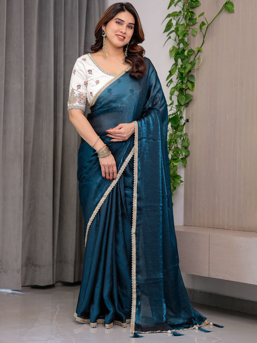 Deep Teal Fendy Satin Designer Saree with Pearl Lace Border & Tassel Pallu | Premium Shimmer Satin Saree with Heavy Floral Embroidered Ivory Blouse | Wedding & Festive Wear Saree