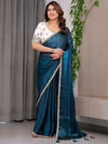 Deep Teal Fendy Satin Designer Saree with Pearl Lace Border & Tassel Pallu | Premium Shimmer Satin Saree with Heavy Floral Embroidered Ivory Blouse | Wedding & Festive Wear Saree