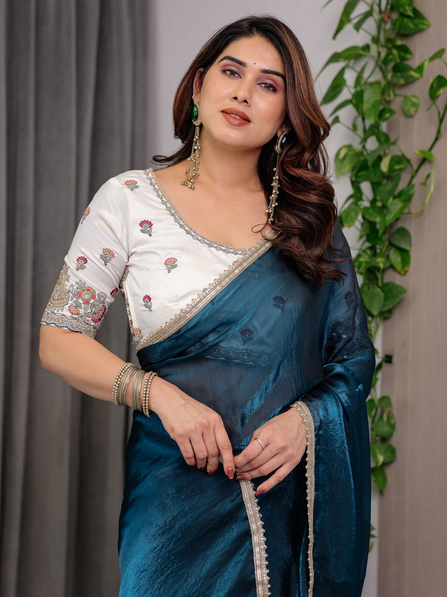 Deep Teal Fendy Satin Designer Saree with Pearl Lace Border & Tassel Pallu | Premium Shimmer Satin Saree with Heavy Floral Embroidered Ivory Blouse | Wedding & Festive Wear Saree