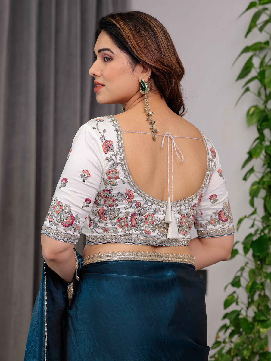 Deep Teal Fendy Satin Designer Saree with Pearl Lace Border & Tassel Pallu | Premium Shimmer Satin Saree with Heavy Floral Embroidered Ivory Blouse | Wedding & Festive Wear Saree