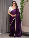 Royal Plum Purple Fendy Satin Designer Saree with Pearl Lace Border & Tassel Pallu | Premium Shimmer Satin Saree with Heavy Floral Embroidered Ivory Blouse | Wedding & Festive Wear Saree