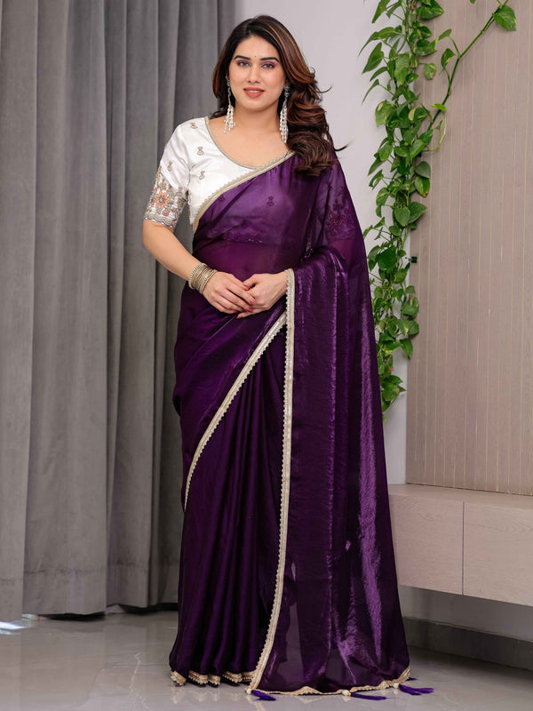 Royal Plum Purple Fendy Satin Designer Saree with Pearl Lace Border & Tassel Pallu | Premium Shimmer Satin Saree with Heavy Floral Embroidered Ivory Blouse | Wedding & Festive Wear Saree