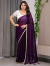 Royal Plum Purple Fendy Satin Designer Saree with Pearl Lace Border & Tassel Pallu | Premium Shimmer Satin Saree with Heavy Floral Embroidered Ivory Blouse | Wedding & Festive Wear Saree