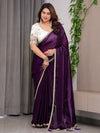 Royal Plum Purple Fendy Satin Designer Saree with Pearl Lace Border & Tassel Pallu | Premium Shimmer Satin Saree with Heavy Floral Embroidered Ivory Blouse | Wedding & Festive Wear Saree