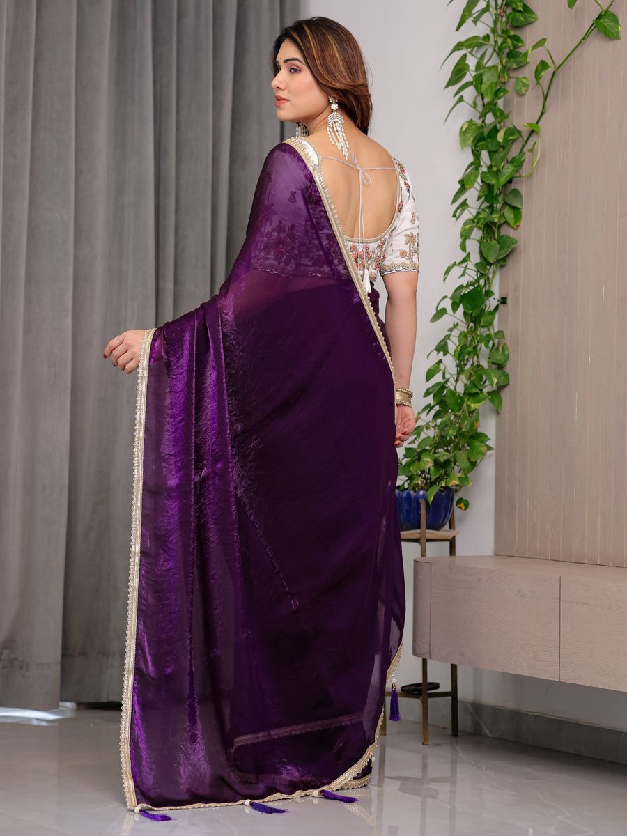 Royal Plum Purple Fendy Satin Designer Saree with Pearl Lace Border & Tassel Pallu | Premium Shimmer Satin Saree with Heavy Floral Embroidered Ivory Blouse | Wedding & Festive Wear Saree