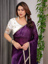 Royal Plum Purple Fendy Satin Designer Saree with Pearl Lace Border & Tassel Pallu | Premium Shimmer Satin Saree with Heavy Floral Embroidered Ivory Blouse | Wedding & Festive Wear Saree