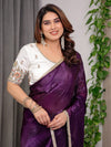 Royal Plum Purple Fendy Satin Designer Saree with Pearl Lace Border & Tassel Pallu | Premium Shimmer Satin Saree with Heavy Floral Embroidered Ivory Blouse | Wedding & Festive Wear Saree