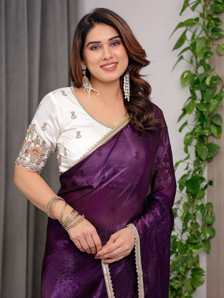 Royal Plum Purple Fendy Satin Designer Saree with Pearl Lace Border & Tassel Pallu | Premium Shimmer Satin Saree with Heavy Floral Embroidered Ivory Blouse | Wedding & Festive Wear Saree