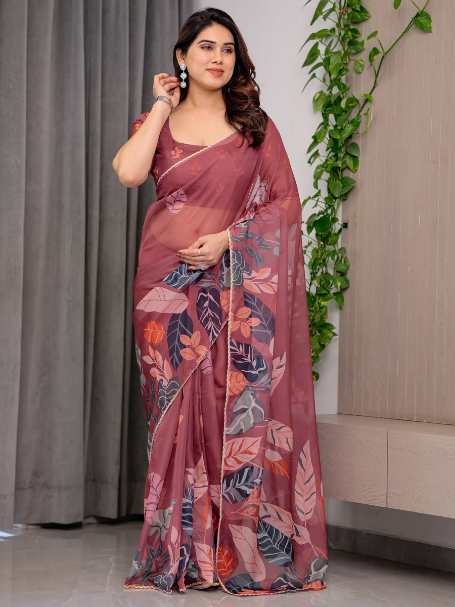 Rust Wine Printed Organza Saree with Tropical Leaf Border | Designer Lightweight Sheer Organza Saree with Botanical Prints & Attached Blouse Piece | Festive & Party Wear Saree