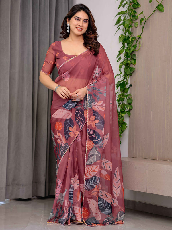 Rust Wine Printed Organza Saree with Tropical Leaf Border | Designer Lightweight Sheer Organza Saree with Botanical Prints & Attached Blouse Piece | Festive & Party Wear Saree