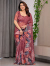 Rust Wine Printed Organza Saree with Tropical Leaf Border | Designer Lightweight Sheer Organza Saree with Botanical Prints & Attached Blouse Piece | Festive & Party Wear Saree