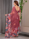 Rust Wine Printed Organza Saree with Tropical Leaf Border | Designer Lightweight Sheer Organza Saree with Botanical Prints & Attached Blouse Piece | Festive & Party Wear Saree
