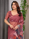 Rust Wine Printed Organza Saree with Tropical Leaf Border | Designer Lightweight Sheer Organza Saree with Botanical Prints & Attached Blouse Piece | Festive & Party Wear Saree