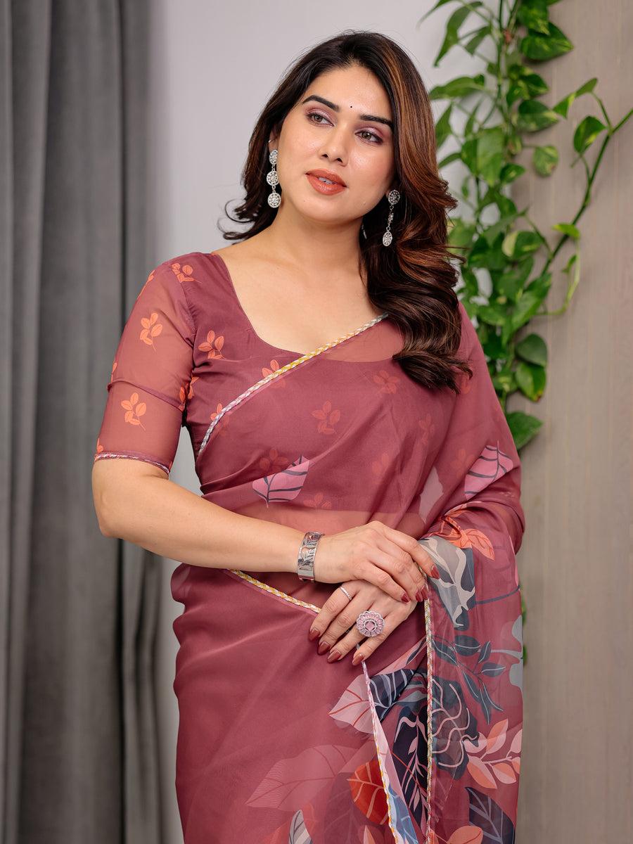Rust Wine Printed Organza Saree with Tropical Leaf Border | Designer Lightweight Sheer Organza Saree with Botanical Prints & Attached Blouse Piece | Festive & Party Wear Saree