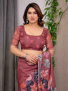 Rust Wine Printed Organza Saree with Tropical Leaf Border | Designer Lightweight Sheer Organza Saree with Botanical Prints & Attached Blouse Piece | Festive & Party Wear Saree