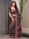 Black Designer Floral Printed Organza Saree with Traditional Paisley Border | Lightweight Sheer Organza Saree with Ethnic Motifs & Attached Blouse Piece | Festive & Party Wear Saree