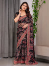 Black Designer Floral Printed Organza Saree with Traditional Paisley Border | Lightweight Sheer Organza Saree with Ethnic Motifs & Attached Blouse Piece | Festive & Party Wear Saree