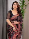 Black Designer Floral Printed Organza Saree with Traditional Paisley Border | Lightweight Sheer Organza Saree with Ethnic Motifs & Attached Blouse Piece | Festive & Party Wear Saree