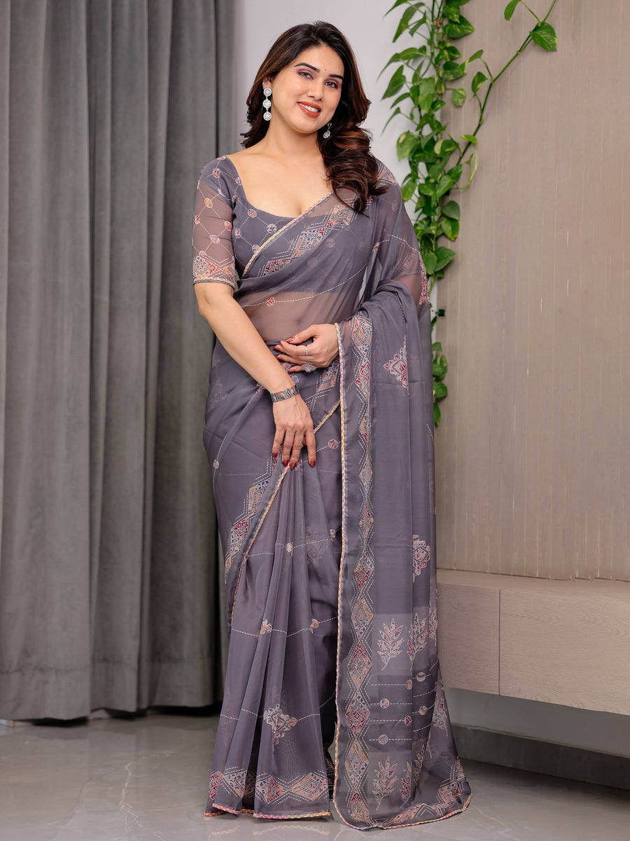 Smoky Grey Printed Organza Saree with Ethnic Motifs & Multicolour Lace Border | Designer Lightweight Organza Saree with Attached Blouse Piece | Festive & Party Wear Saree