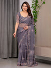 Smoky Grey Printed Organza Saree with Ethnic Motifs & Multicolour Lace Border | Designer Lightweight Organza Saree with Attached Blouse Piece | Festive & Party Wear Saree