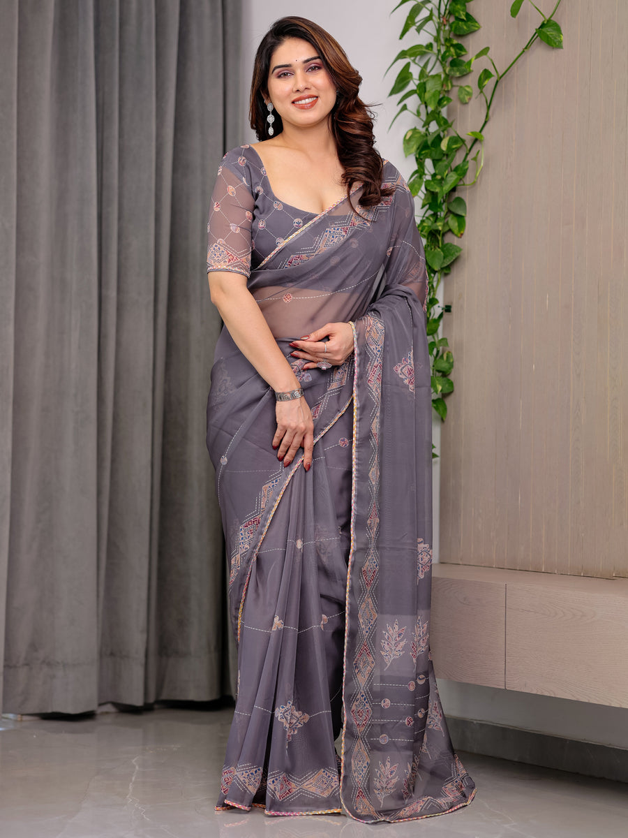 Smoky Grey Printed Organza Saree with Ethnic Motifs & Multicolour Lace Border | Designer Lightweight Organza Saree with Attached Blouse Piece | Festive & Party Wear Saree