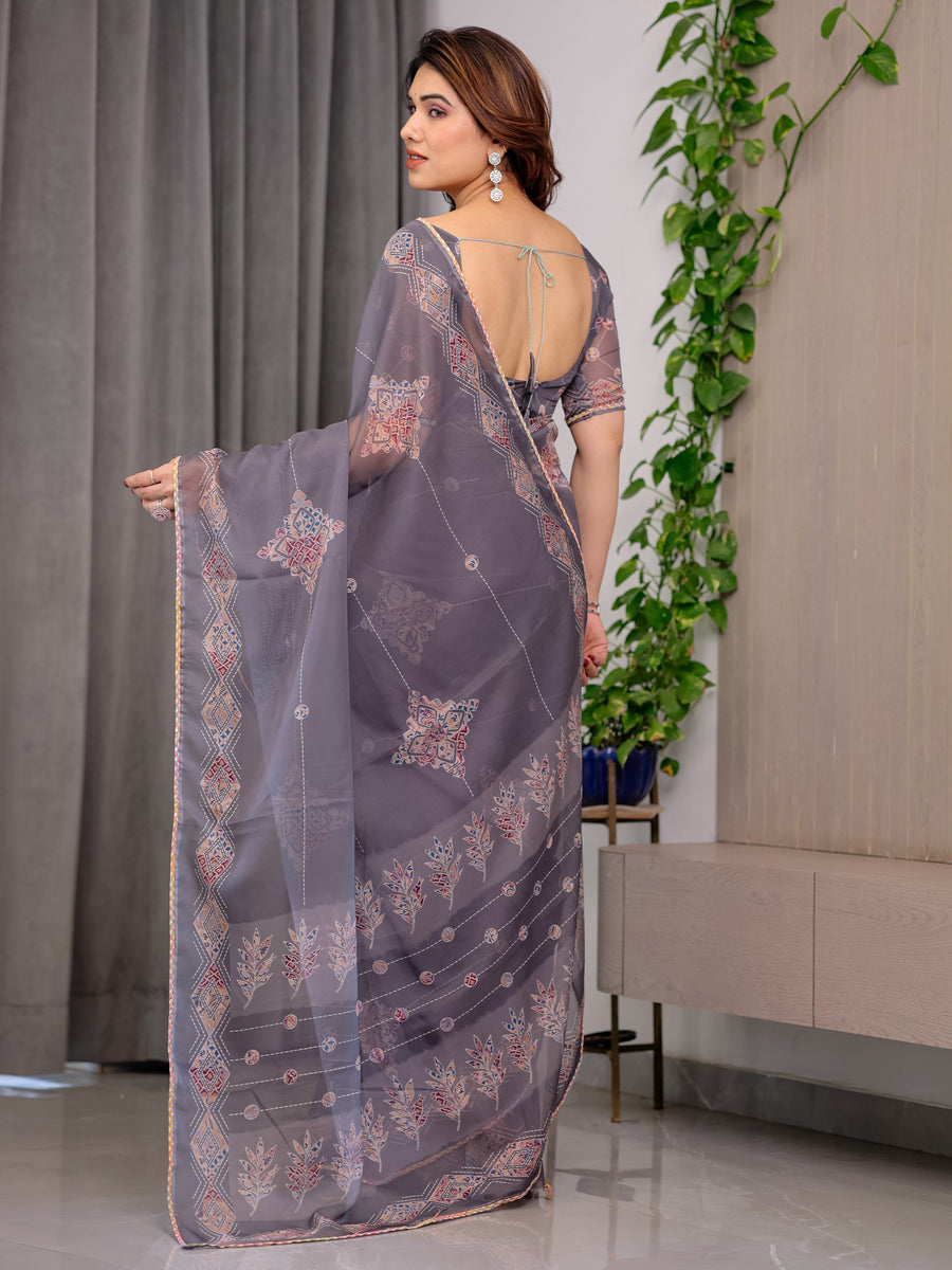 Smoky Grey Printed Organza Saree with Ethnic Motifs & Multicolour Lace Border | Designer Lightweight Organza Saree with Attached Blouse Piece | Festive & Party Wear Saree