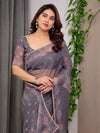 Smoky Grey Printed Organza Saree with Ethnic Motifs & Multicolour Lace Border | Designer Lightweight Organza Saree with Attached Blouse Piece | Festive & Party Wear Saree