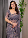 Smoky Grey Printed Organza Saree with Ethnic Motifs & Multicolour Lace Border | Designer Lightweight Organza Saree with Attached Blouse Piece | Festive & Party Wear Saree
