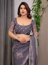 Smoky Grey Printed Organza Saree with Ethnic Motifs & Multicolour Lace Border | Designer Lightweight Organza Saree with Attached Blouse Piece | Festive & Party Wear Saree