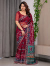 Wine Red Designer Printed Organza Saree with Multicolor Ethnic Paisley Border | Lightweight Floral Printed Party Wear Saree with Attached Blouse Piece | Festive & Wedding Wear Saree