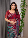 Wine Red Designer Printed Organza Saree with Multicolor Ethnic Paisley Border | Lightweight Floral Printed Party Wear Saree with Attached Blouse Piece | Festive & Wedding Wear Saree