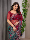 Wine Red Designer Printed Organza Saree with Multicolor Ethnic Paisley Border | Lightweight Floral Printed Party Wear Saree with Attached Blouse Piece | Festive & Wedding Wear Saree