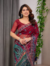 Wine Red Designer Printed Organza Saree with Multicolor Ethnic Paisley Border | Lightweight Floral Printed Party Wear Saree with Attached Blouse Piece | Festive & Wedding Wear Saree