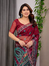 Wine Red Designer Printed Organza Saree with Multicolor Ethnic Paisley Border | Lightweight Floral Printed Party Wear Saree with Attached Blouse Piece | Festive & Wedding Wear Saree