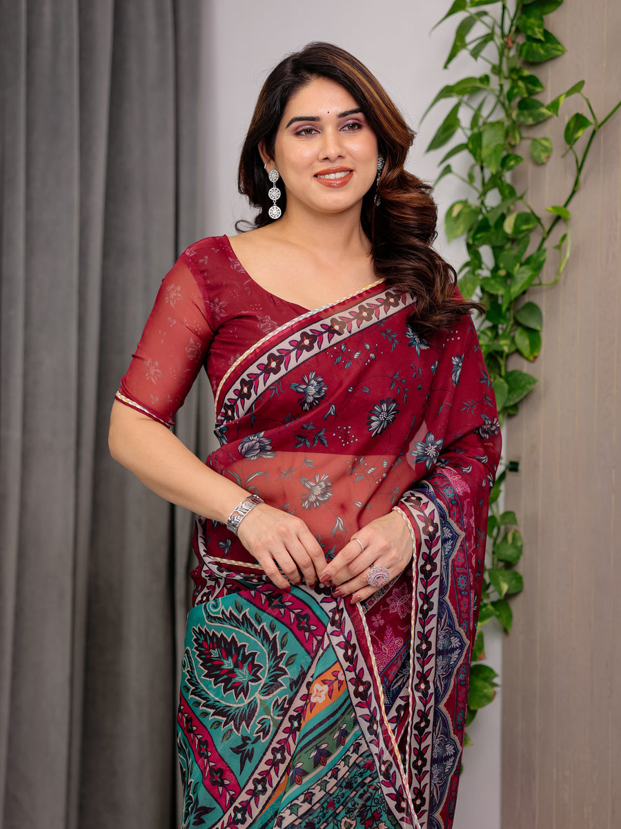 Wine Red Designer Printed Organza Saree with Multicolor Ethnic Paisley Border | Lightweight Floral Printed Party Wear Saree with Attached Blouse Piece | Festive & Wedding Wear Saree