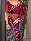 Wine Red Designer Printed Organza Saree with Multicolor Ethnic Paisley Border | Lightweight Floral Printed Party Wear Saree with Attached Blouse Piece | Festive & Wedding Wear Saree
