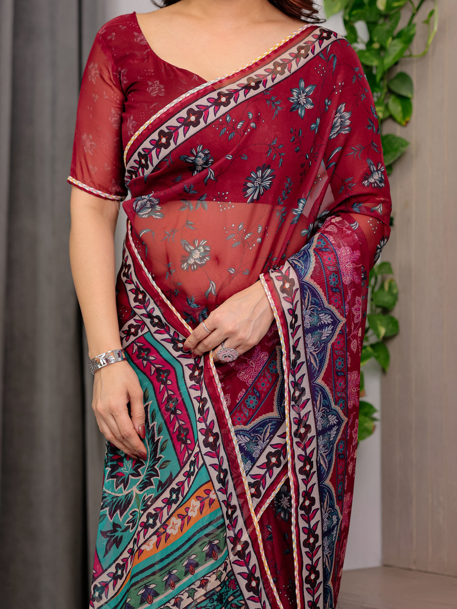 Wine Red Designer Printed Organza Saree with Multicolor Ethnic Paisley Border | Lightweight Floral Printed Party Wear Saree with Attached Blouse Piece | Festive & Wedding Wear Saree