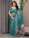 Teal Green Scenic Printed Organza Saree with Garden Pavilion Artwork Pallu | Designer Lightweight Organza Saree with Floral Motifs & Decorative Border | Festive & Party Wear Saree with Blouse Piece