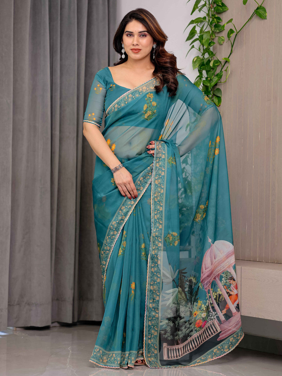 Teal Green Scenic Printed Organza Saree with Garden Pavilion Artwork Pallu | Designer Lightweight Organza Saree with Floral Motifs & Decorative Border | Festive & Party Wear Saree with Blouse Piece